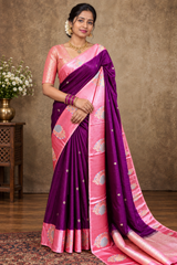 Elegant Wine Silk Blend Saree with Contrast Peach Zari Border