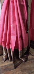 Elegant Light Pink Silk Blend Saree with Contrast Brown Zari Border