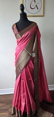 Elegant Light Pink Silk Blend Saree with Contrast Brown Zari Border