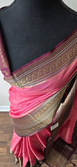 Elegant Light Pink Silk Blend Saree with Contrast Brown Zari Border