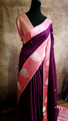 Elegant Wine Silk Blend Saree with Contrast Peach Zari Border