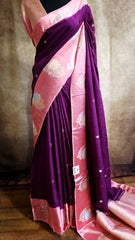 Elegant Wine Silk Blend Saree with Contrast Peach Zari Border