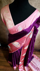 Elegant Wine Silk Blend Saree with Contrast Peach Zari Border