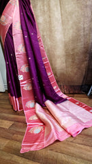 Elegant Wine Silk Blend Saree with Contrast Peach Zari Border