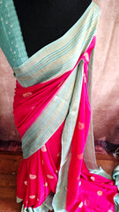 Elegant Rani Pink Silk Blend Saree with Contrast Sea Green Zari Border