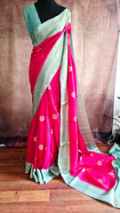 Elegant Rani Pink Silk Blend Saree with Contrast Sea Green Zari Border