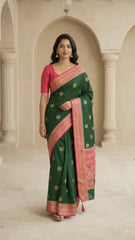 Elegant Dark Green Silk Blend Saree with Contrast Pink Zari Border