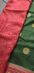 Elegant Dark Green Silk Blend Saree with Contrast Pink Zari Border
