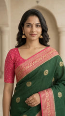 Elegant Dark Green Silk Blend Saree with Contrast Pink Zari Border