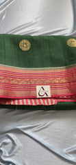 Elegant Dark Green Silk Blend Saree with Contrast Pink Zari Border
