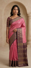 Elegant Light Pink Silk Blend Saree with Contrast Brown Zari Border