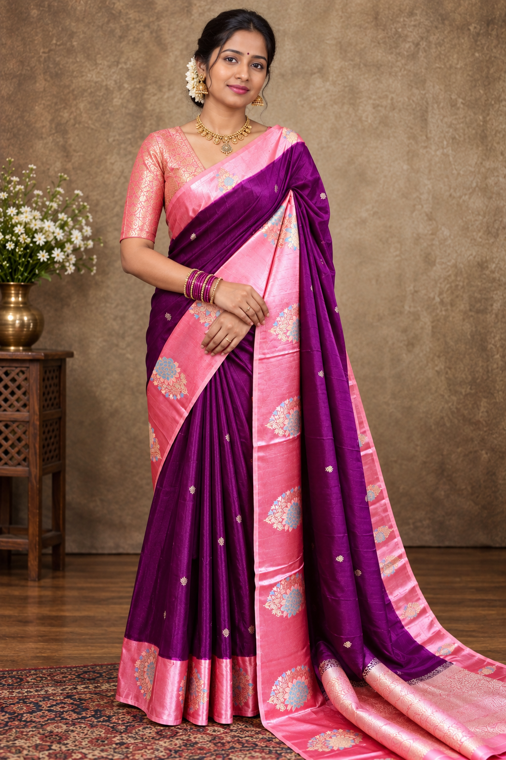 Elegant Wine Silk Blend Saree with Contrast Peach Zari Border