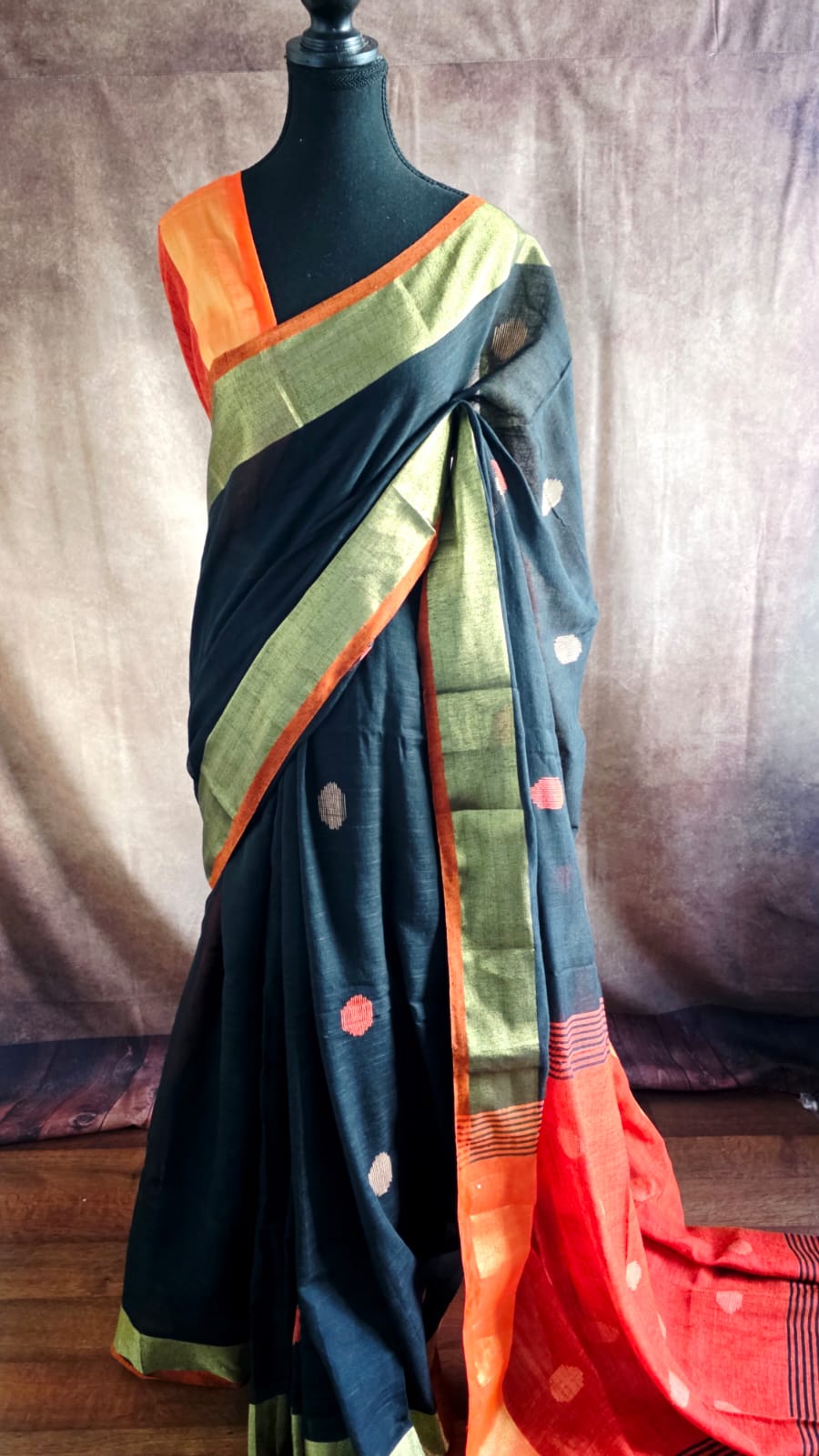 Elegant Black Linen Silk Saree with Orange Zari Border