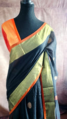 Elegant Black Linen Silk Saree with Orange Zari Border