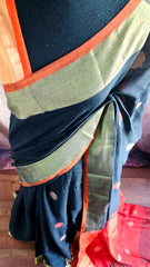 Elegant Black Linen Silk Saree with Orange Zari Border
