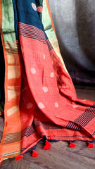 Elegant Black Linen Silk Saree with Orange Zari Border