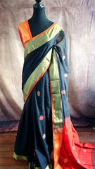 Elegant Black Linen Silk Saree with Orange Zari Border