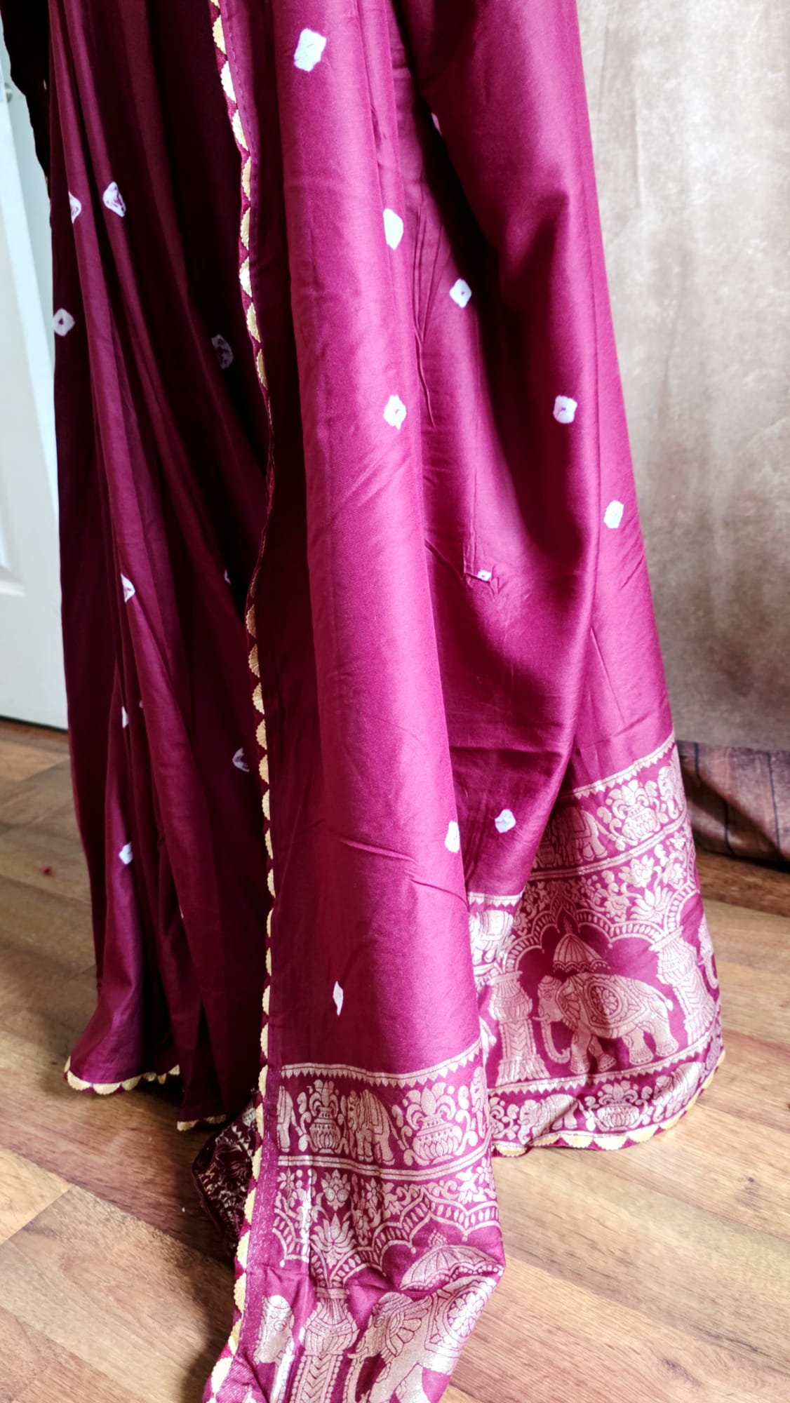 Elegant Brown Bandini Cotton Silk Saree with Gold Zari Band