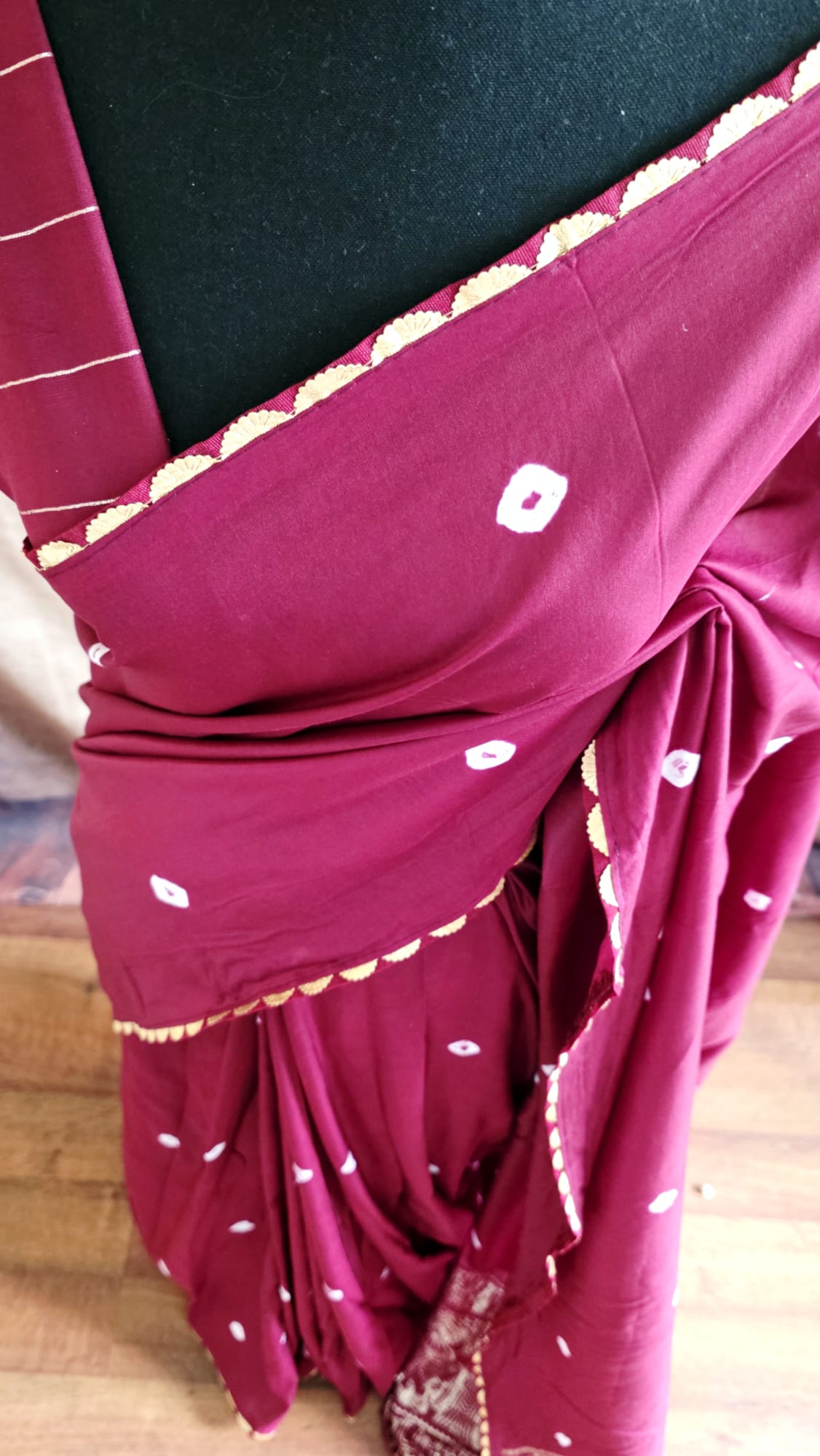 Elegant Brown Bandini Cotton Silk Saree with Gold Zari Band