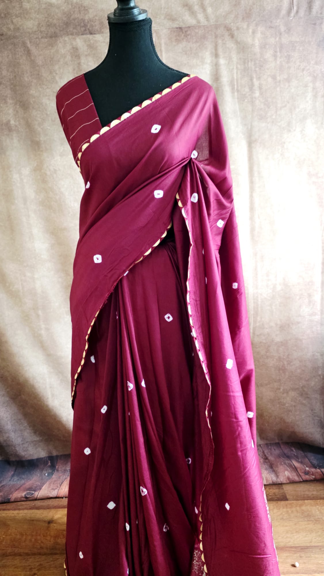Elegant Brown Bandini Cotton Silk Saree with Gold Zari Band