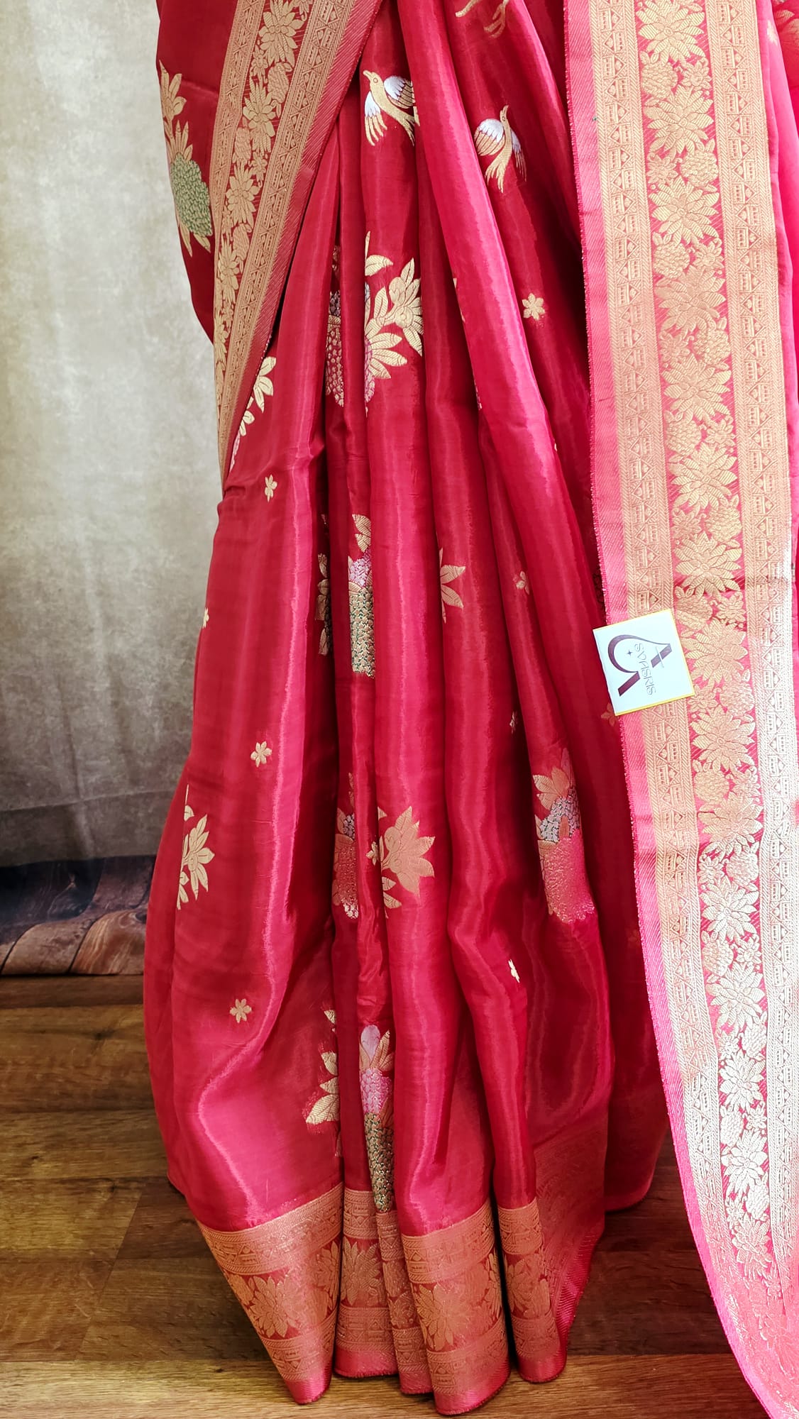 Elegant Red and Gold Russian Silk Saree