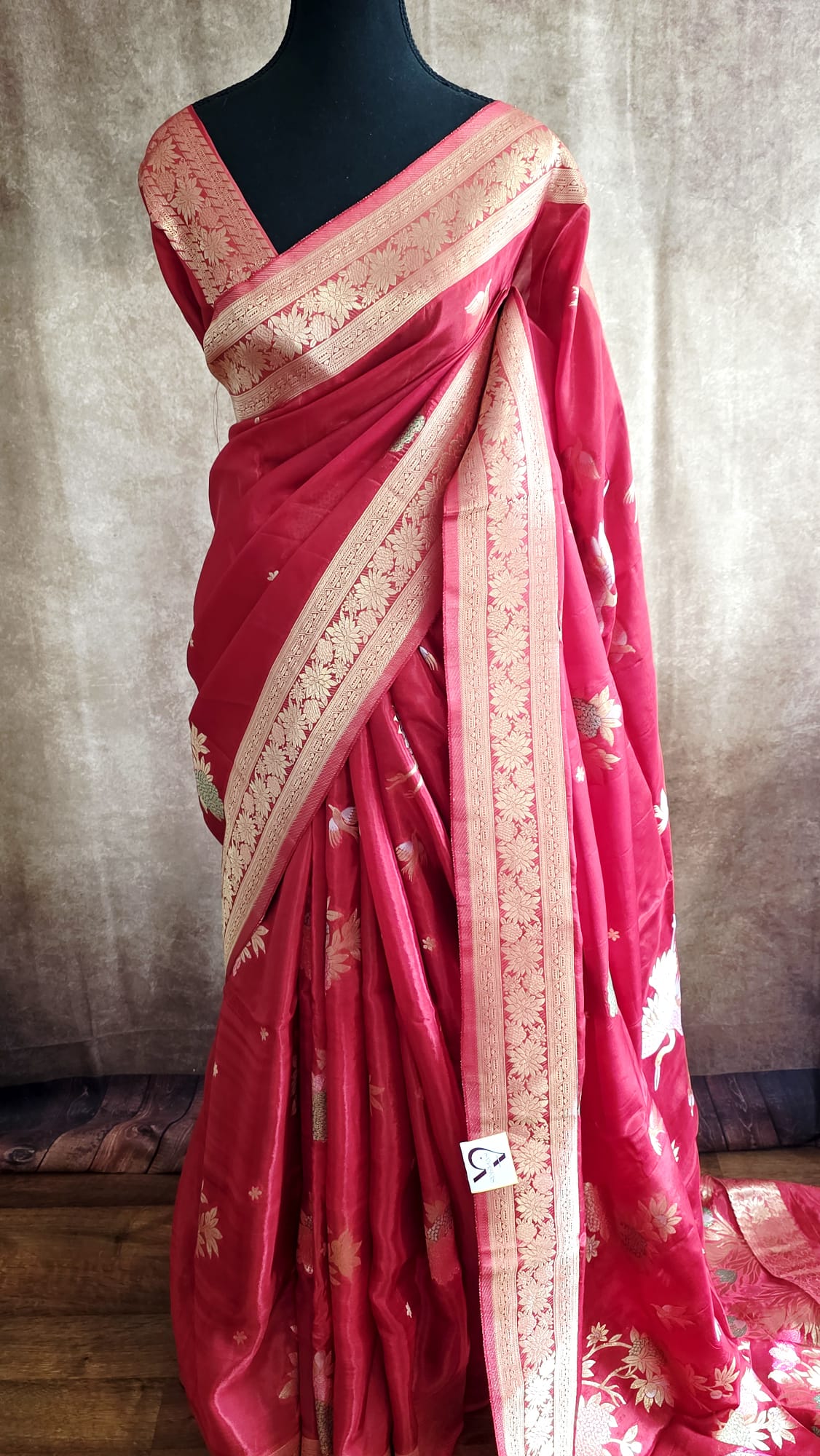Elegant Red and Gold Russian Silk Saree