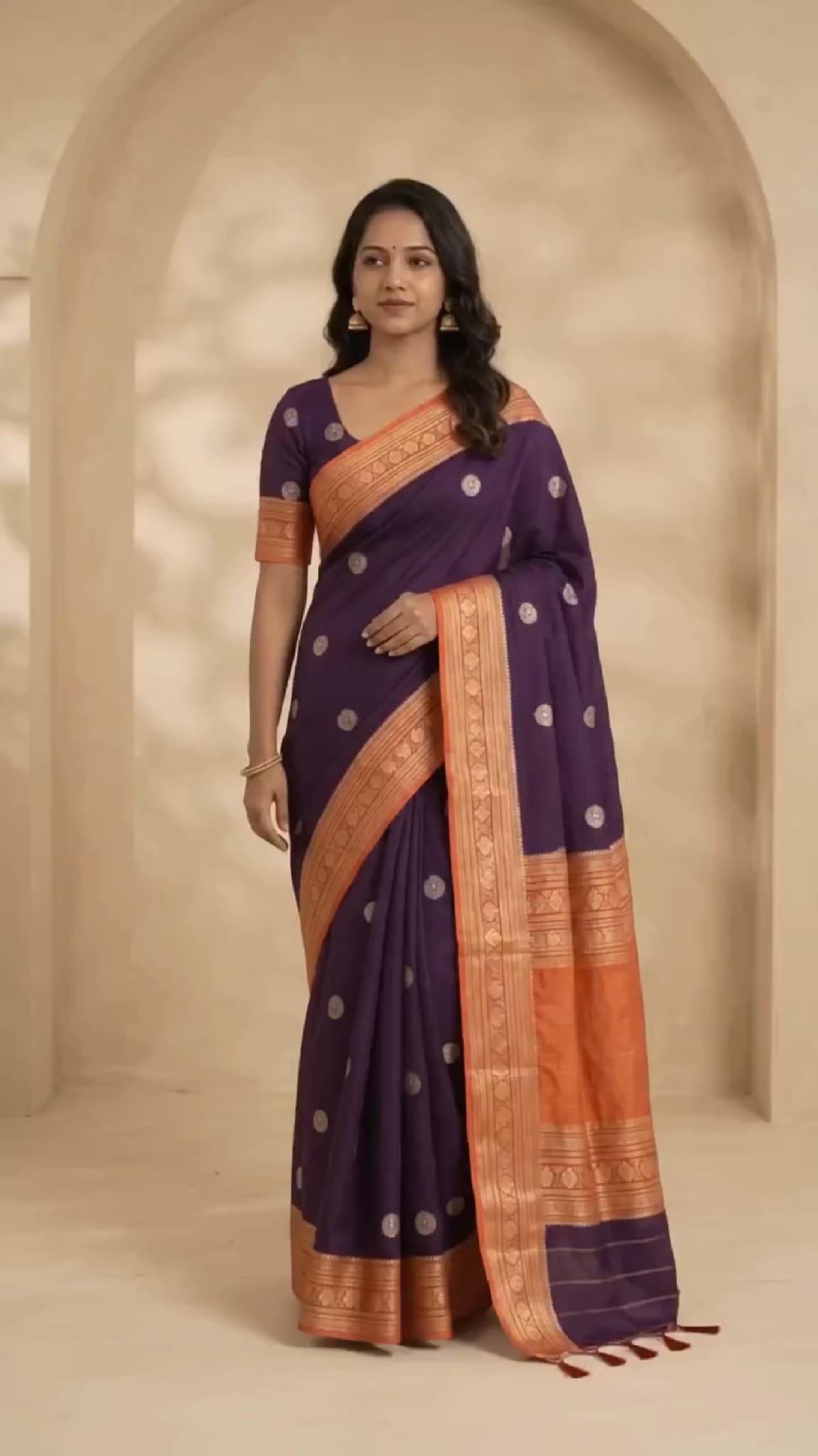 Elegant Deep pruple Silk Blend Saree with Contrast orange Zari Border