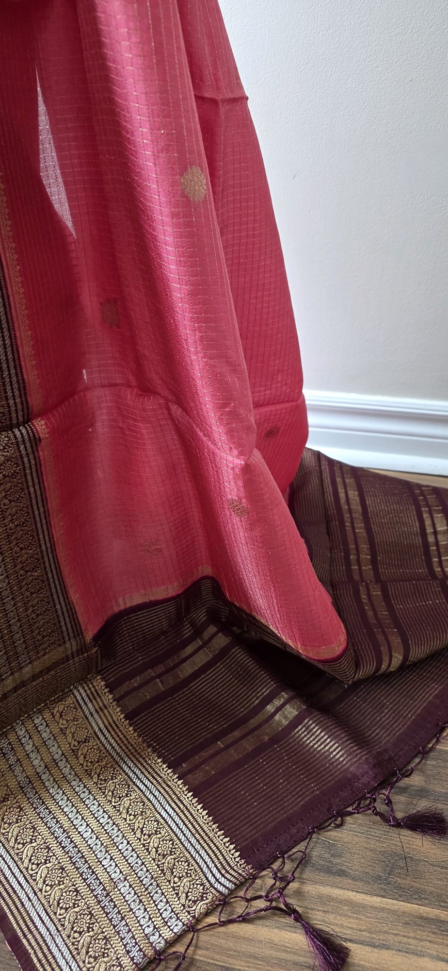 Elegant Light Pink  Silk Blend Saree with Contrast Brown Zari Border