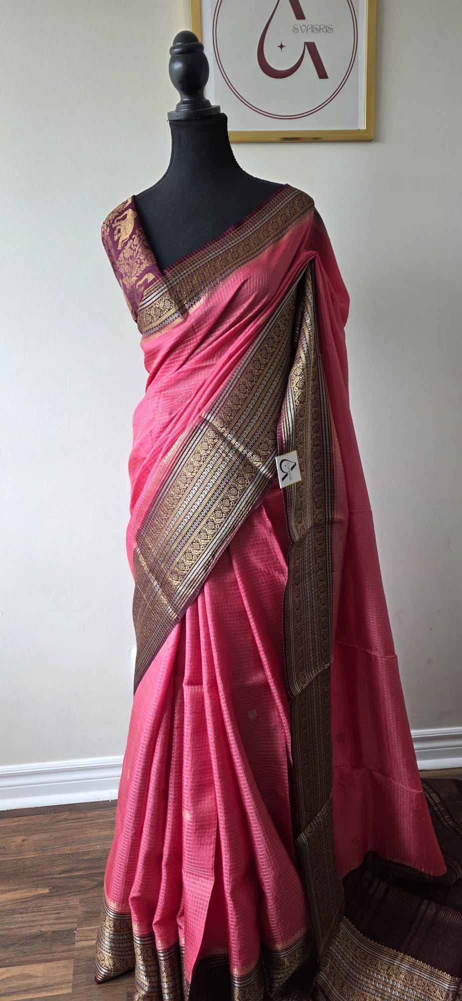 Elegant Light Pink  Silk Blend Saree with Contrast Brown Zari Border