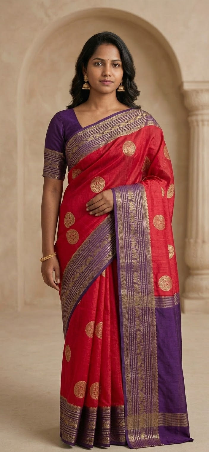 Elegant Red Silk Blend Saree with Contrast Purple Zari Border