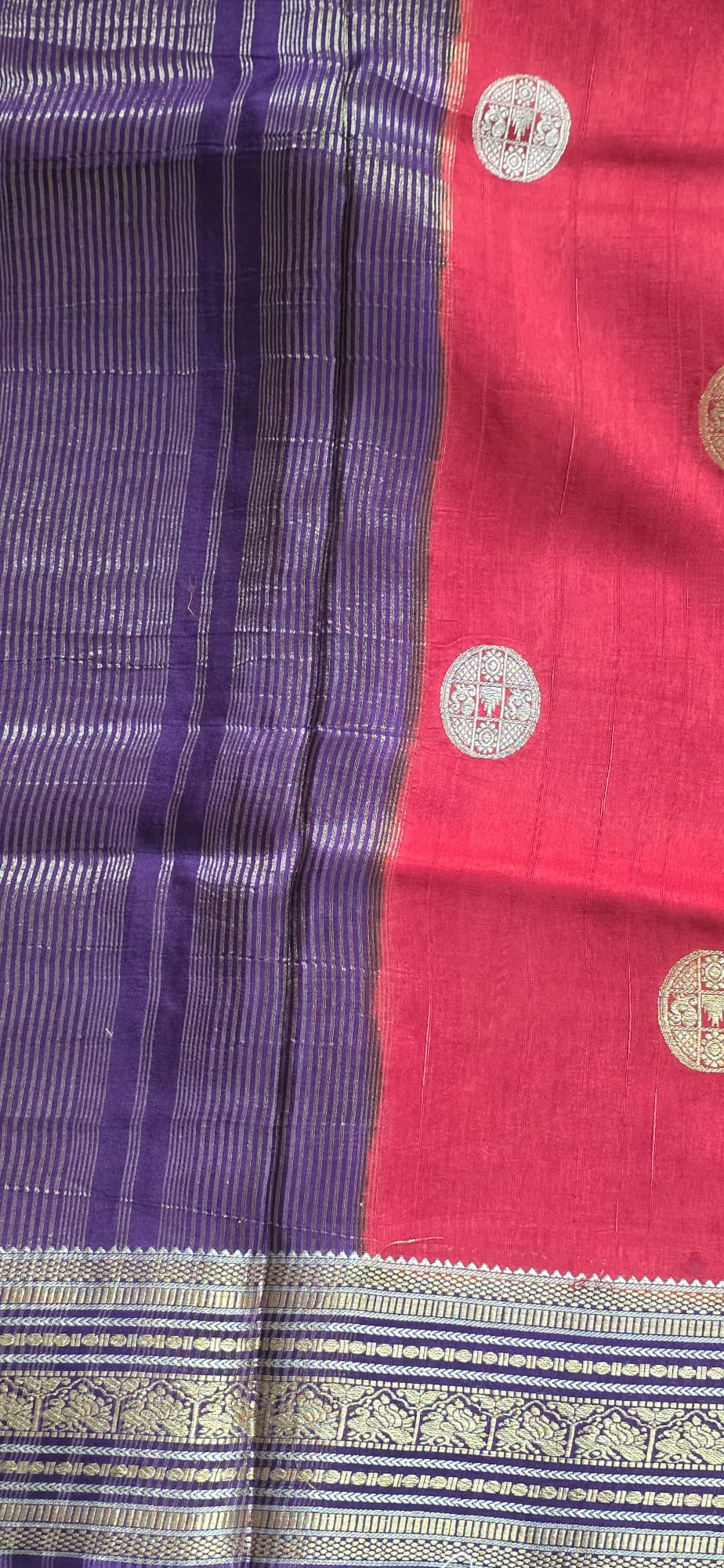Elegant Red Silk Blend Saree with Contrast Purple Zari Border