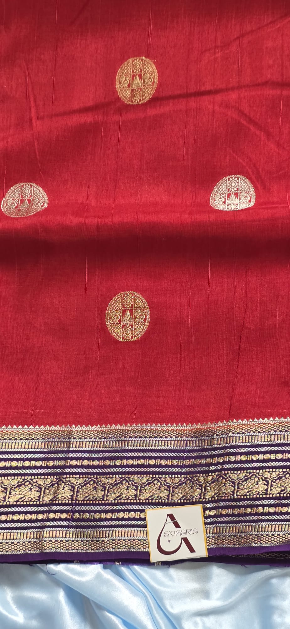 Elegant Red Silk Blend Saree with Contrast Purple Zari Border