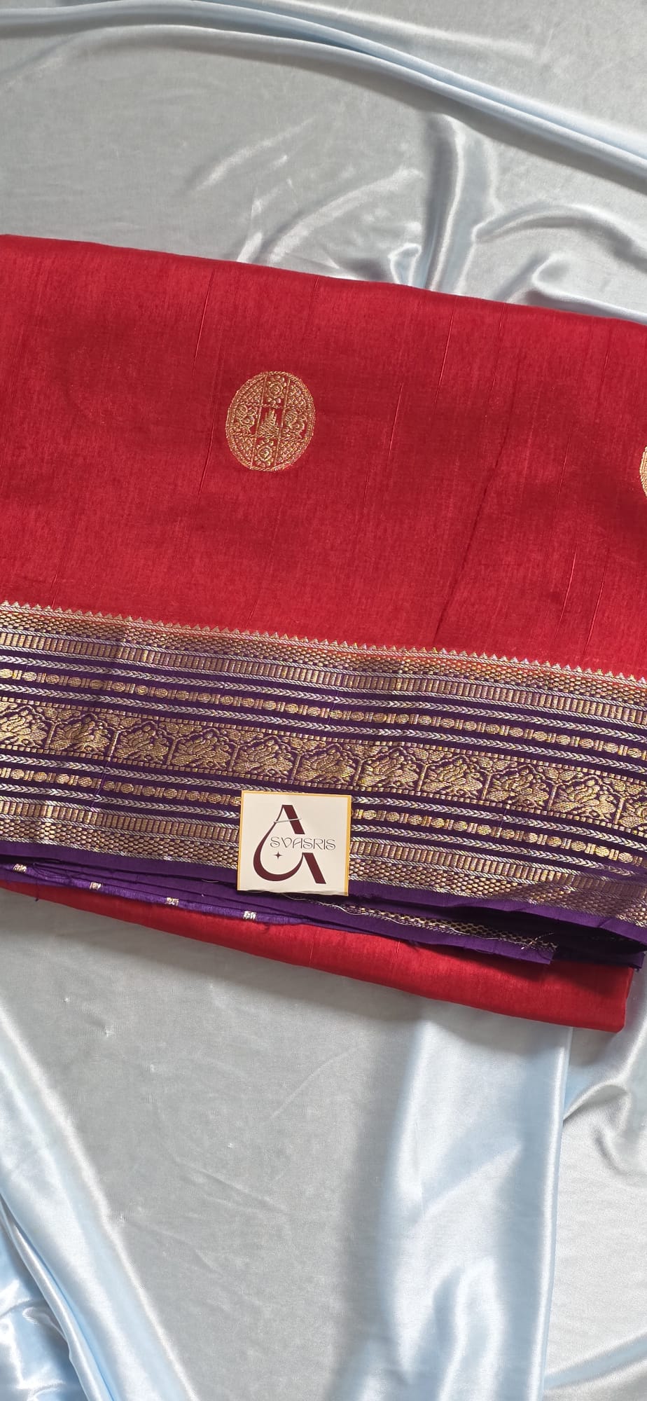Elegant Red Silk Blend Saree with Contrast Purple Zari Border