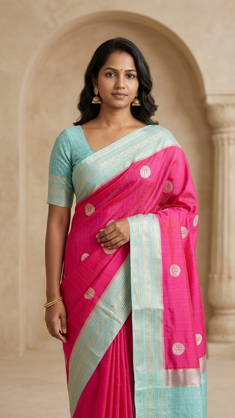 Elegant Rani Pink Silk Blend Saree with Contrast Sea Green Zari Border