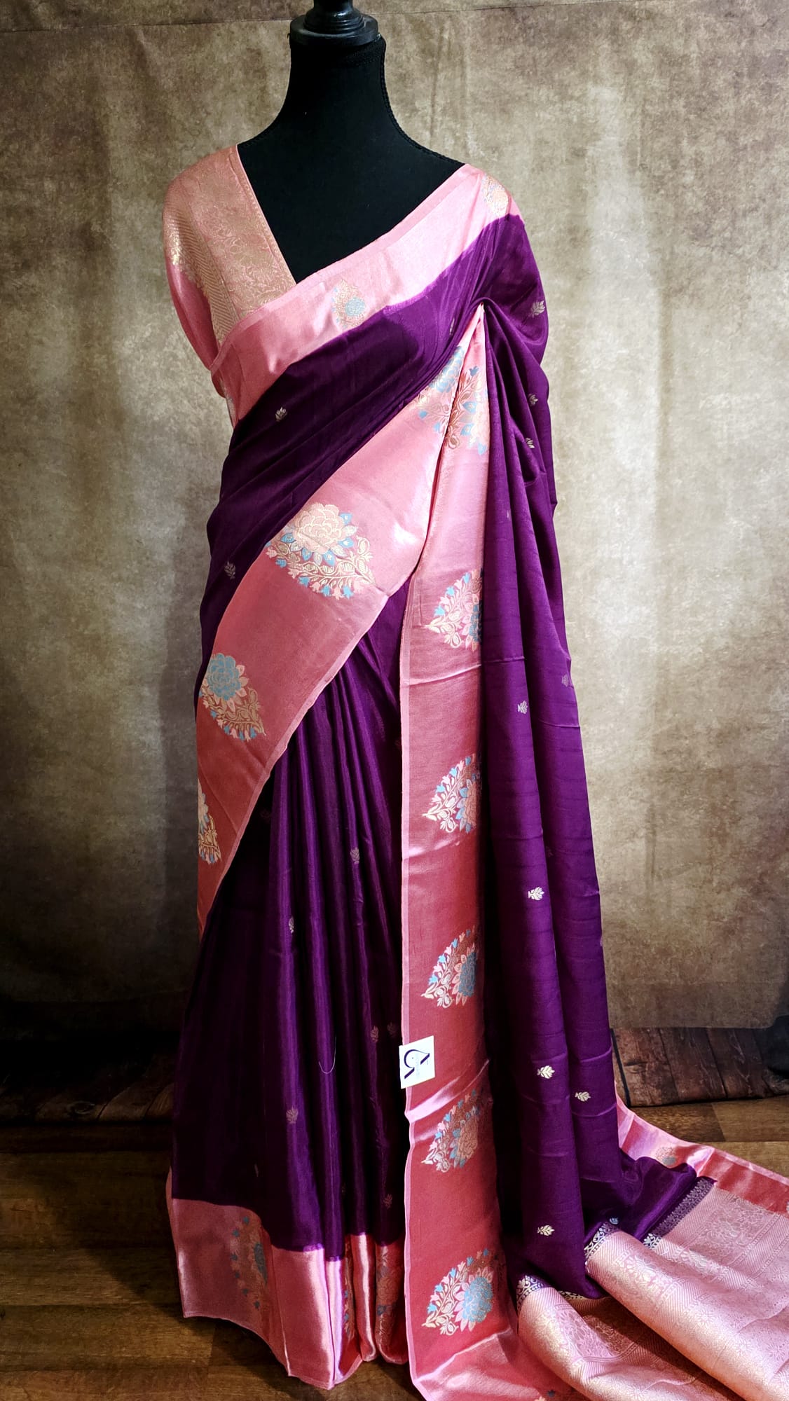 Elegant Wine Silk Blend Saree with Contrast Peach Zari Border