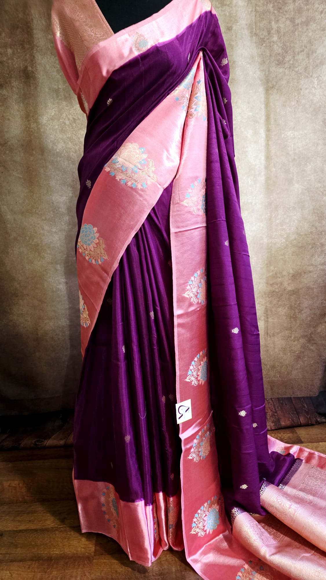 Elegant Wine Silk Blend Saree with Contrast Peach Zari Border
