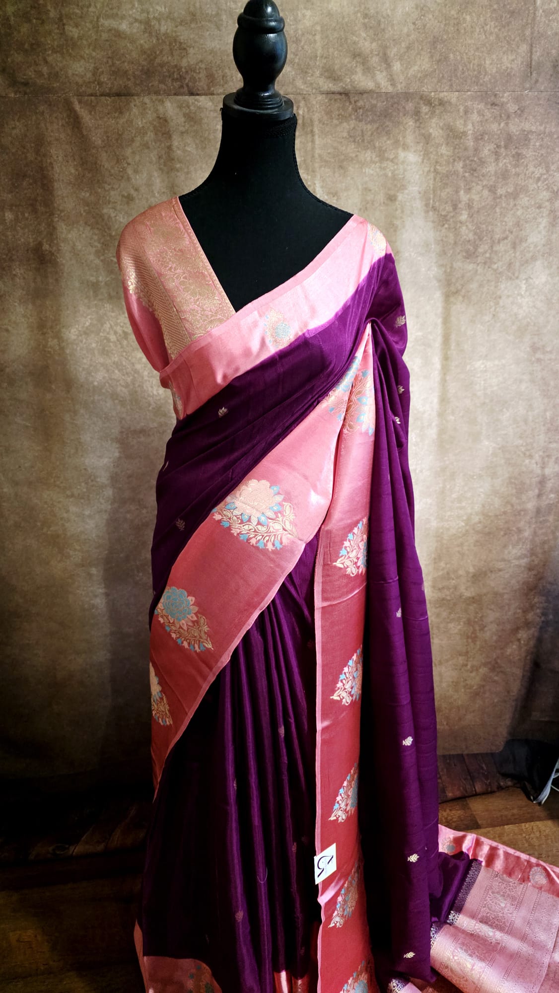 Elegant Wine Silk Blend Saree with Contrast Peach Zari Border