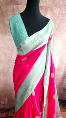 Elegant Rani Pink Silk Blend Saree with Contrast Sea Green Zari Border
