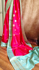 Elegant Rani Pink Silk Blend Saree with Contrast Sea Green Zari Border
