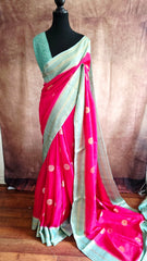 Elegant Rani Pink Silk Blend Saree with Contrast Sea Green Zari Border