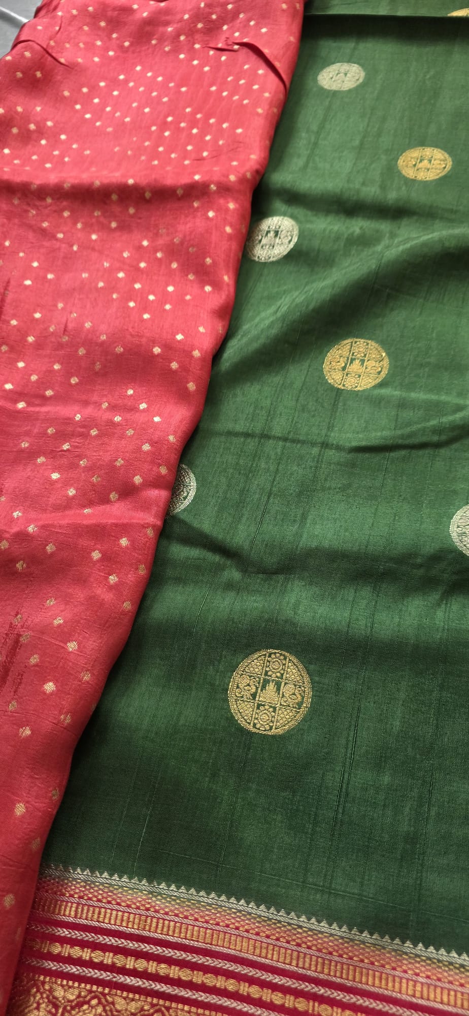 Elegant Dark Green Silk Blend Saree with Contrast Pink Zari Border