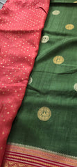 Elegant Dark Green Silk Blend Saree with Contrast Pink Zari Border