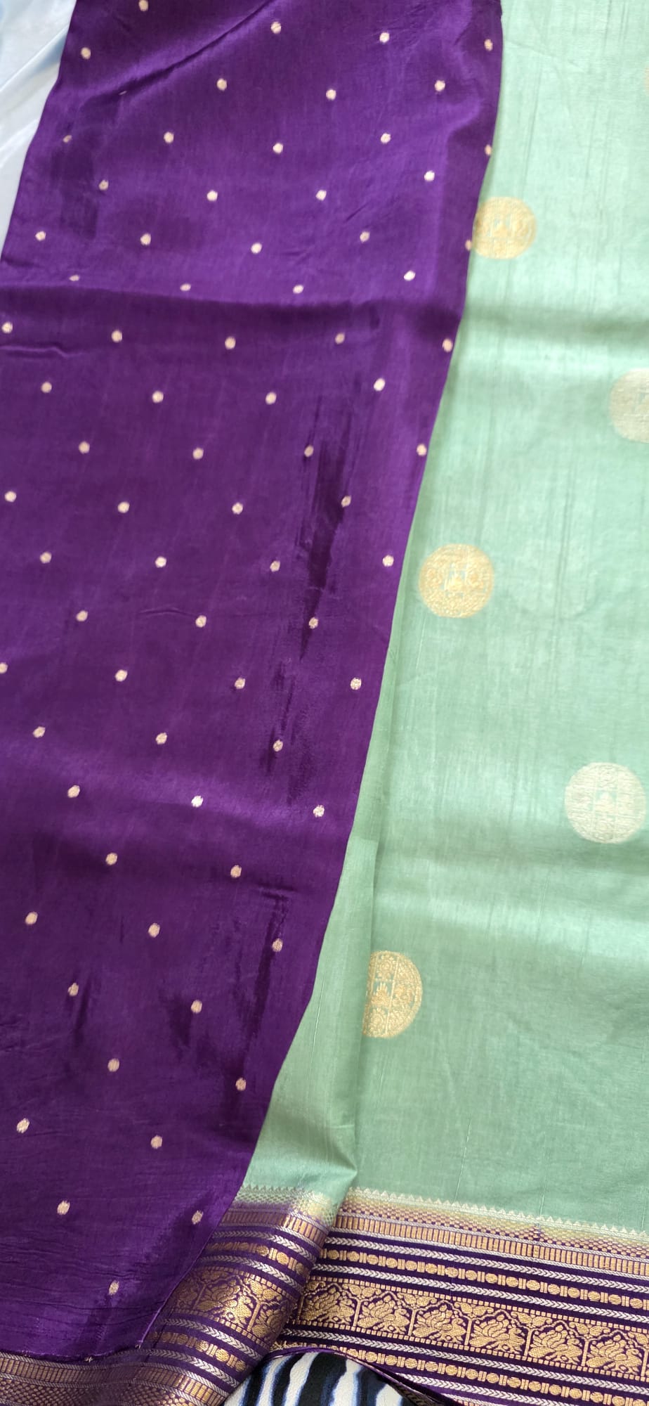 Elegant Mint Sea Green Silk Blend Saree with Contrast Purple Zari Border