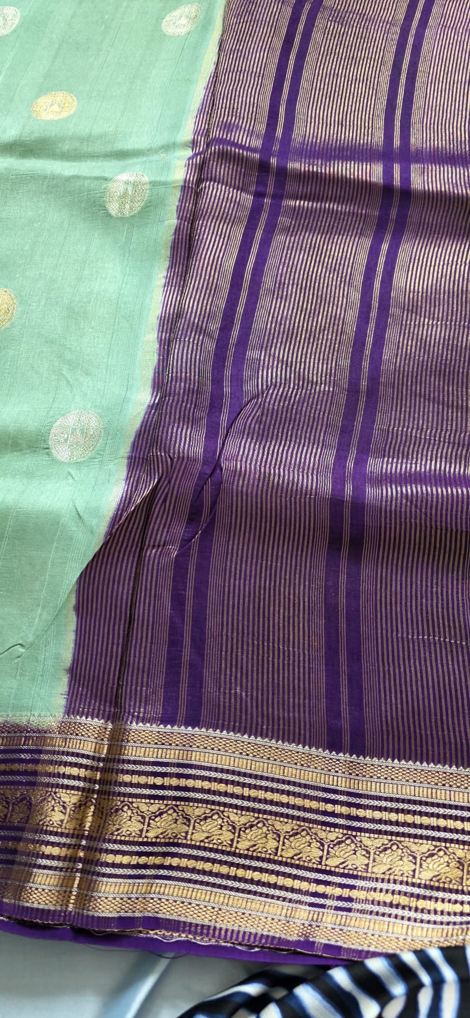 Elegant Mint Sea Green Silk Blend Saree with Contrast Purple Zari Border