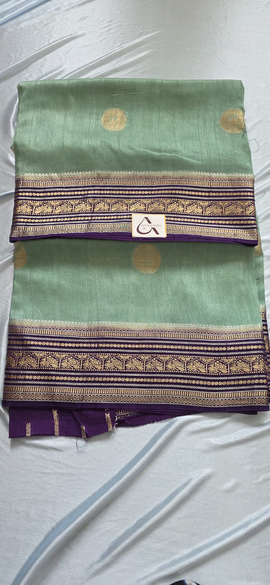 Elegant Mint Sea Green Silk Blend Saree with Contrast Purple Zari Border