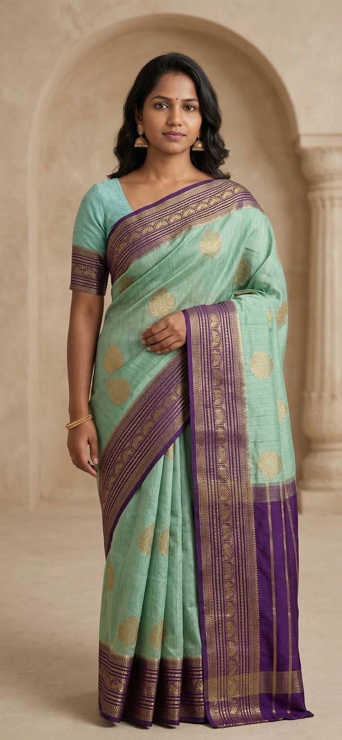 Elegant Mint Sea Green Silk Blend Saree with Contrast Purple Zari Border