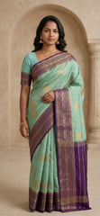 Elegant Mint Sea Green Silk Blend Saree with Contrast Purple Zari Border