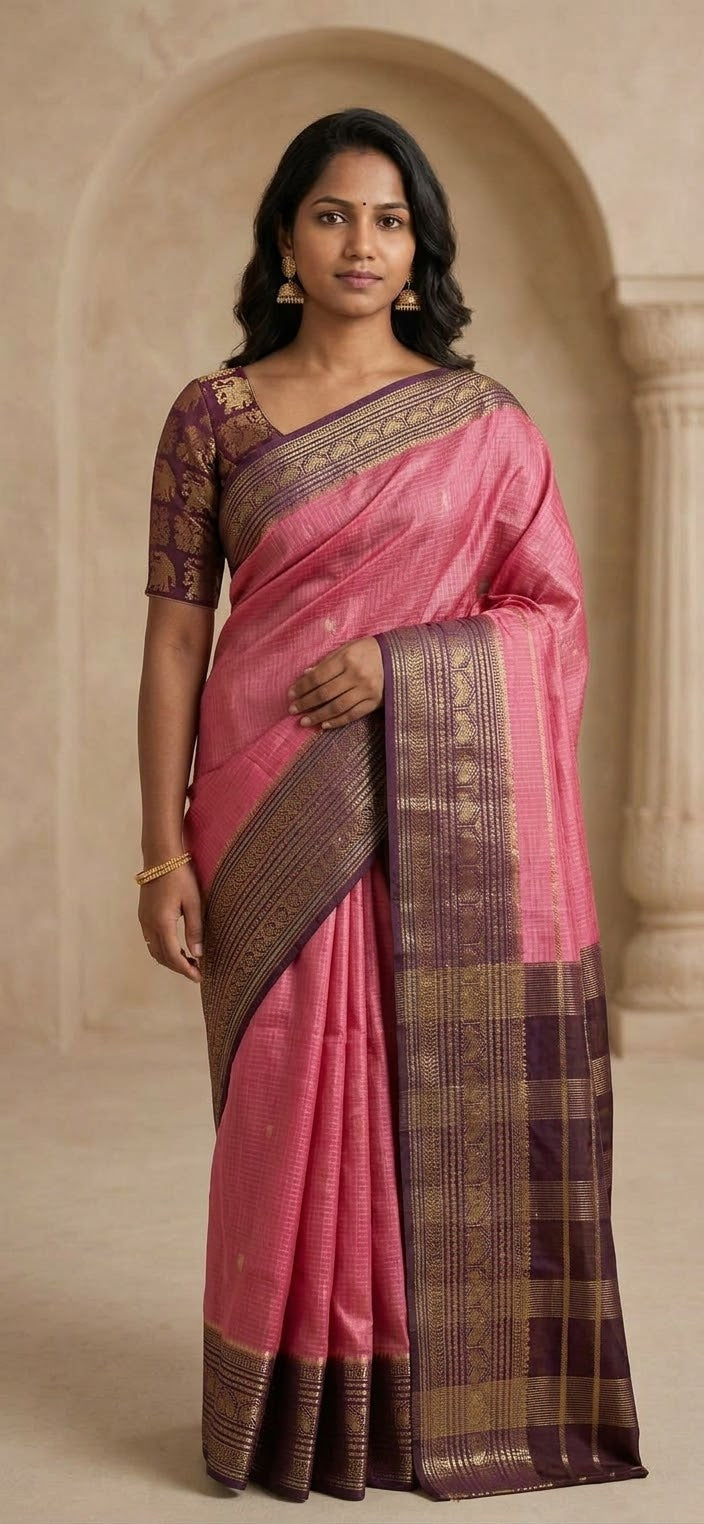 Elegant Light Pink  Silk Blend Saree with Contrast Brown Zari Border
