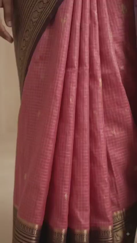 Elegant Light Pink  Silk Blend Saree with Contrast Brown Zari Border