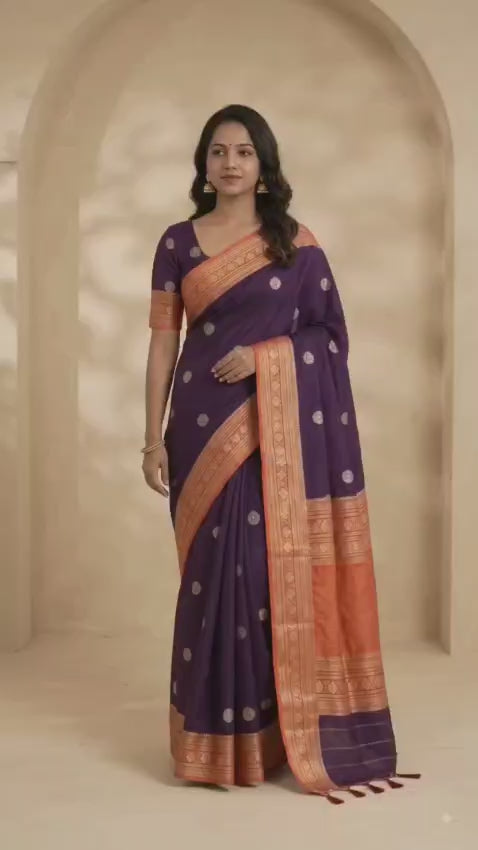 Elegant Deep pruple Silk Blend Saree with Contrast orange Zari Border
